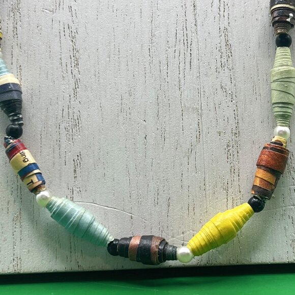 Handmade Rolled Paper Bead Necklace Long Continuous Strand Upcycled Bohemian - Picture 3 of 10
